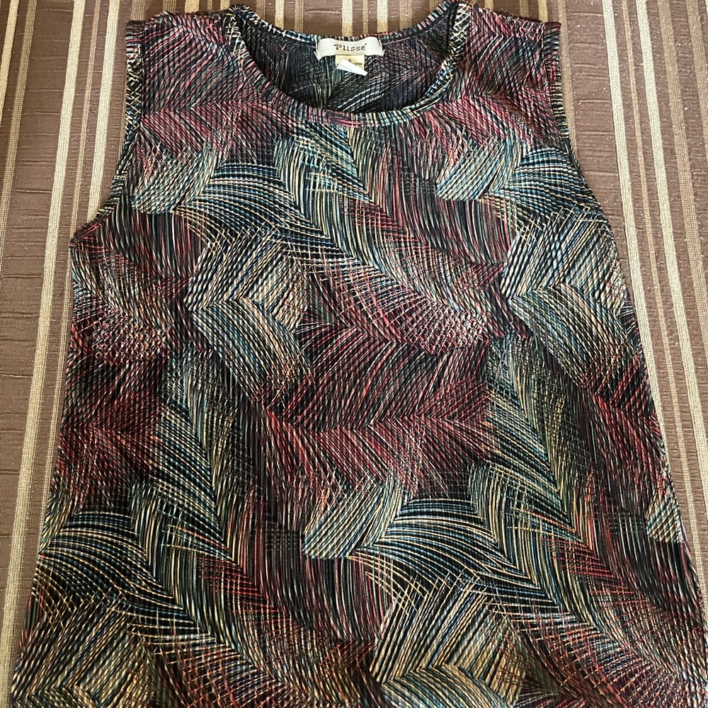 Vintage Plisse Sleeveless Tank Blouse Womens S Red Green Colorblock BS0562
